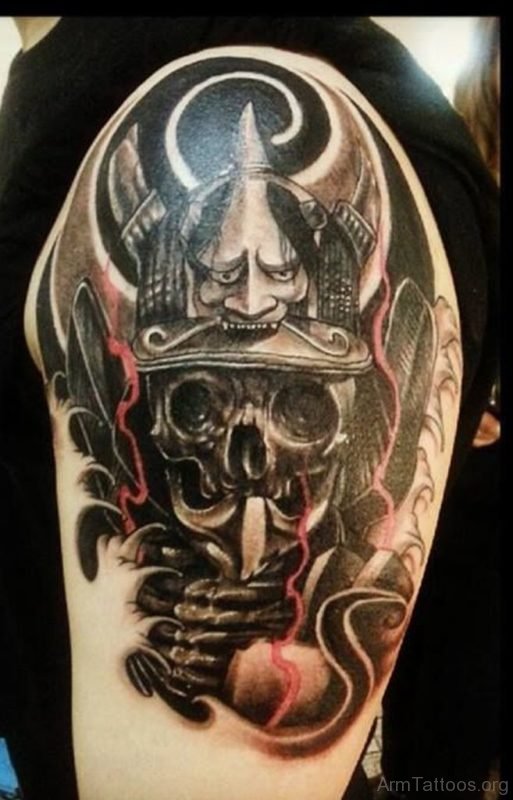 Dark Ink Hannya Tattoo On Left Arm 