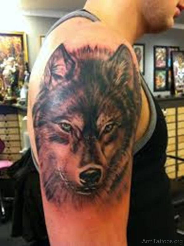 Dark Ink Wolf Tattoo On Left Shoulder For Men