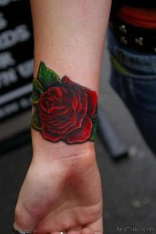 Dark Red Rose Tattoo On Wrist 