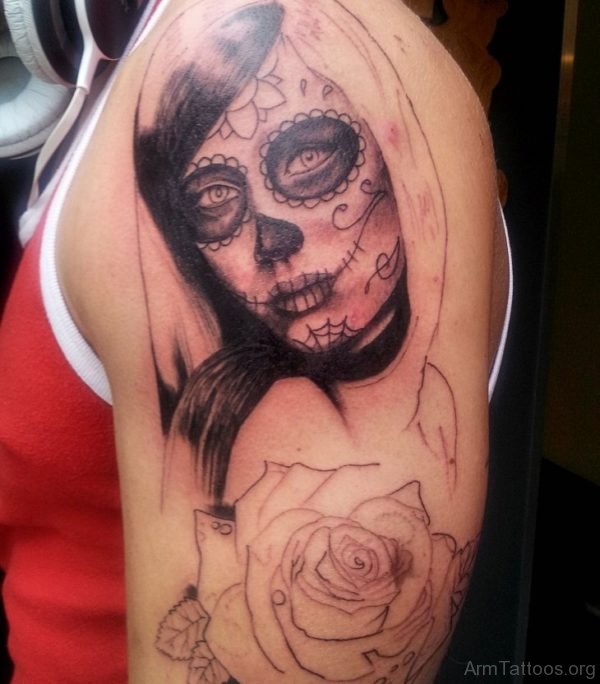 Day Of The Dead Portrait Tattoo On Arm 