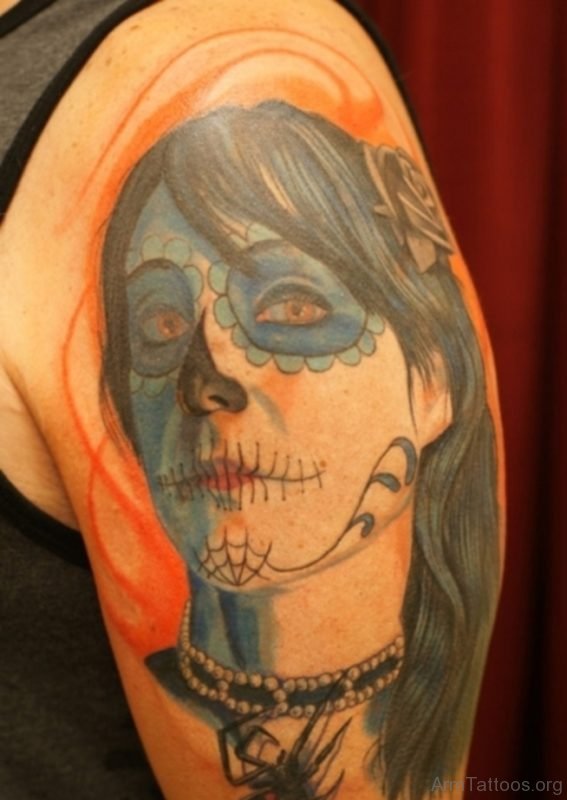 Dead Girl Portrait Tattoo On Half Sleeve 