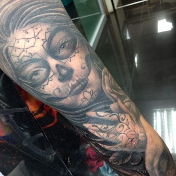 Devil Girl Face Tattoo On Arm 