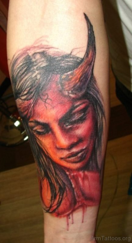 Devil Girl Portrait Tattoo On Arm 