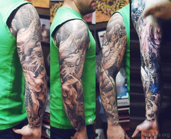 Dragon And Fish Tattoo On Full Sleeve 