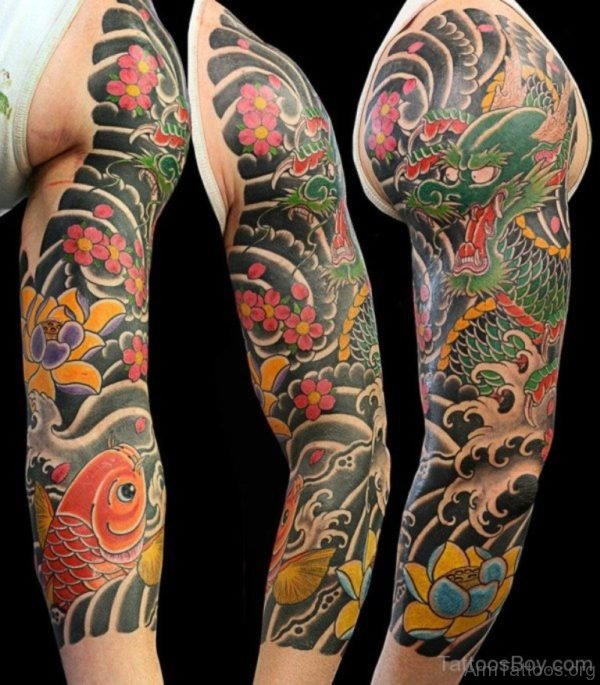 Dragon And Fish Tattoo On Full Sleeve