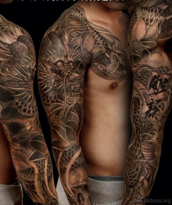 Dragon And Skull Tattoo On Full Sleeve