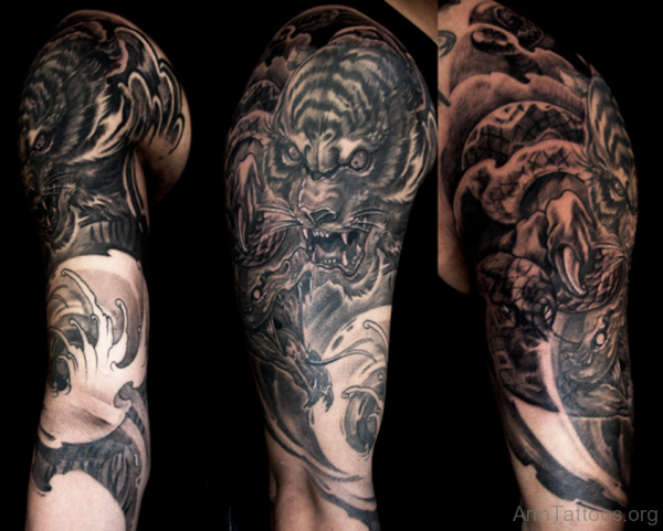 Dragon And Tiger Full Sleeve Tattoo