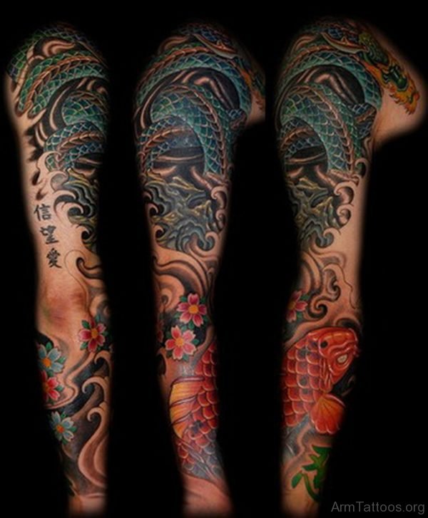 Dragon Koi Fish Tattoo On Full Sleeve