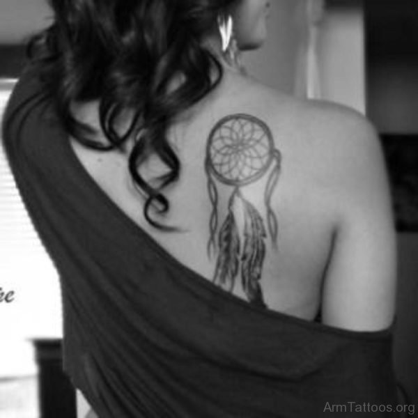 Dreamcatcher Tattoo On Girl Back Shoulder