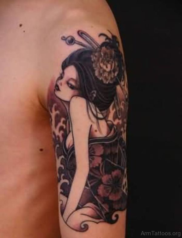 Elegant Geisha Tattoo On Left Arm 