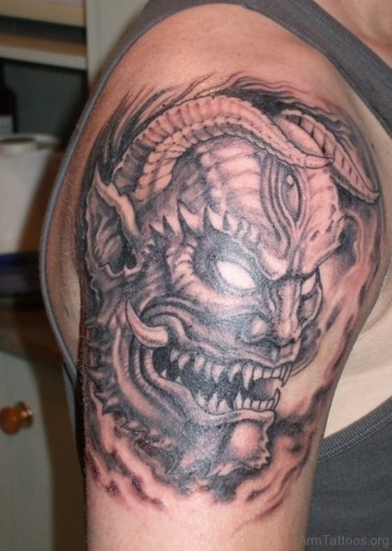 Evil Japanese Mask Tattoo On Right Arm 
