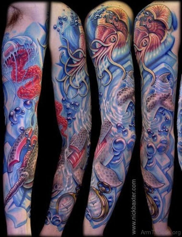 Excellent Fish Tattoo On Full Sleeve