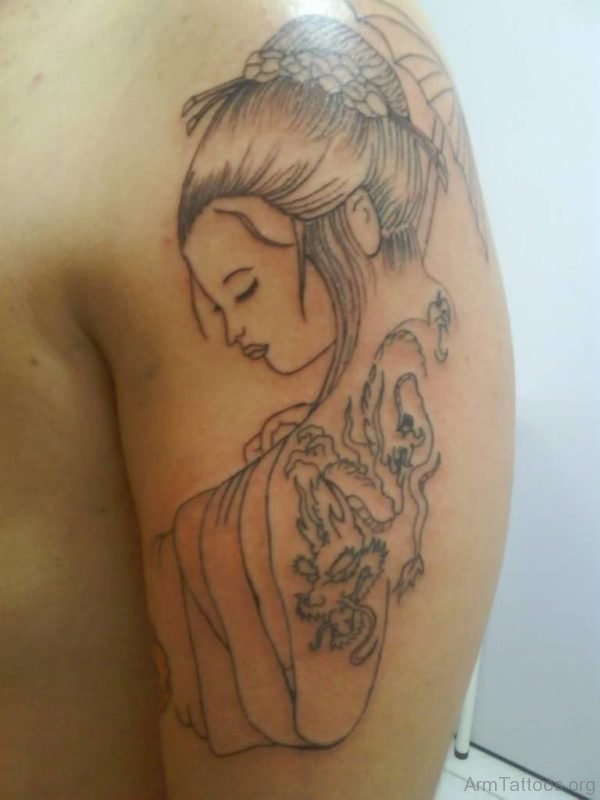 Excellent Geisha Tattoo For Girls On Left Shoulder