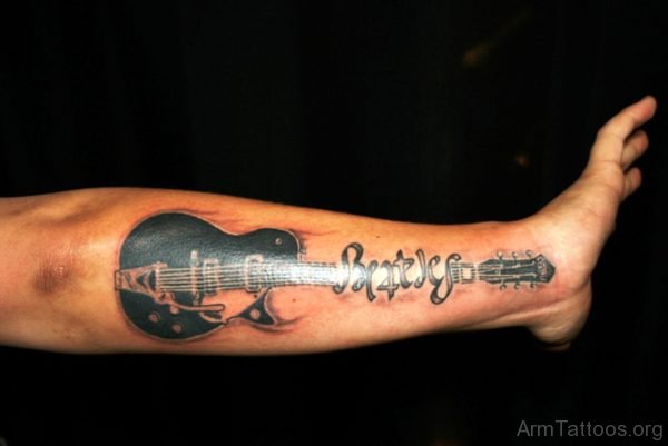 Excellent Guitar Tattoo On Forearm 