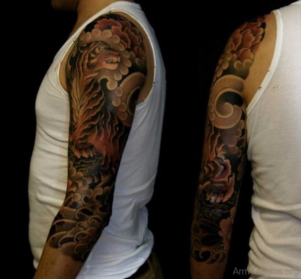 Excellent Tiger Tattoo On Full Sleeve