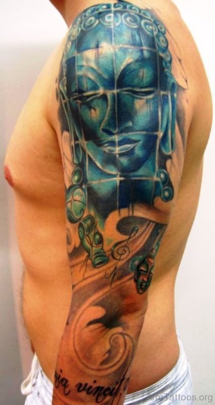 Fabulous Blue Buddha Tattoo On Sleeve 