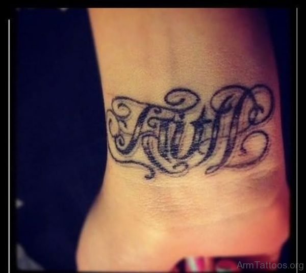 Faith Grey Ink Ambigram Tattoo On Wrist