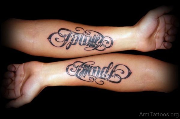 Family Friends Ambigram Arm Tattoo
