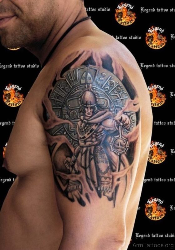 Fantastic Aztec Warrior Tattoo On Shoulder