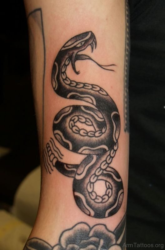 Fantastic Black And Grey Ink Snake Tattoo On Arm