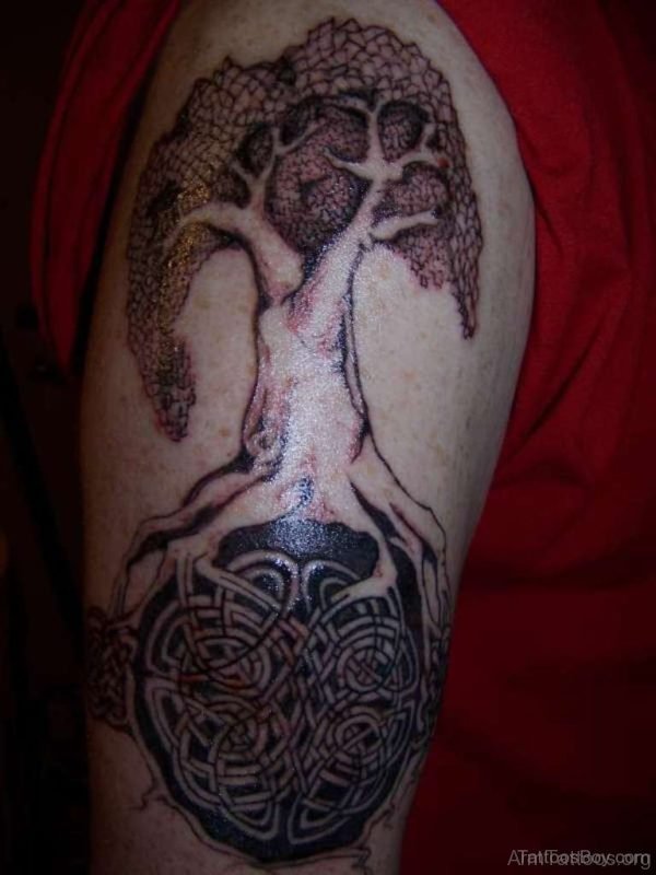 Fine Celtic Tree Tattoo On Shoulder