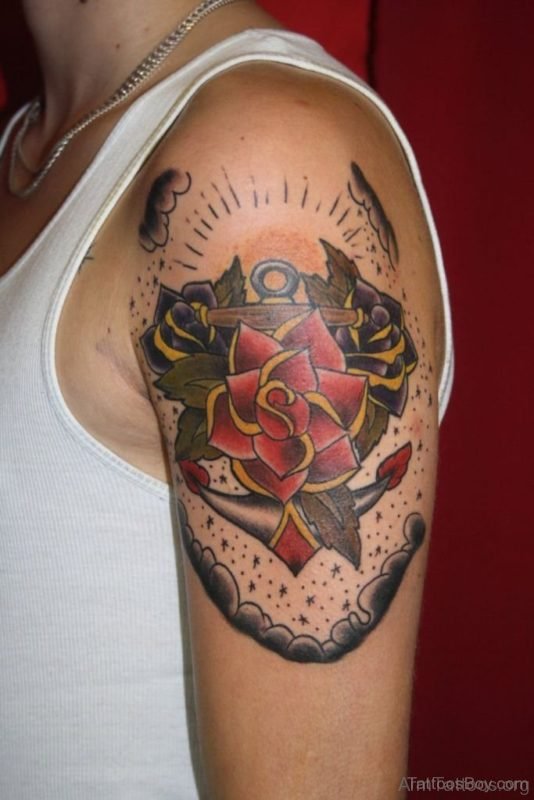 Flower And Anchor Tattoo On Shoulder
