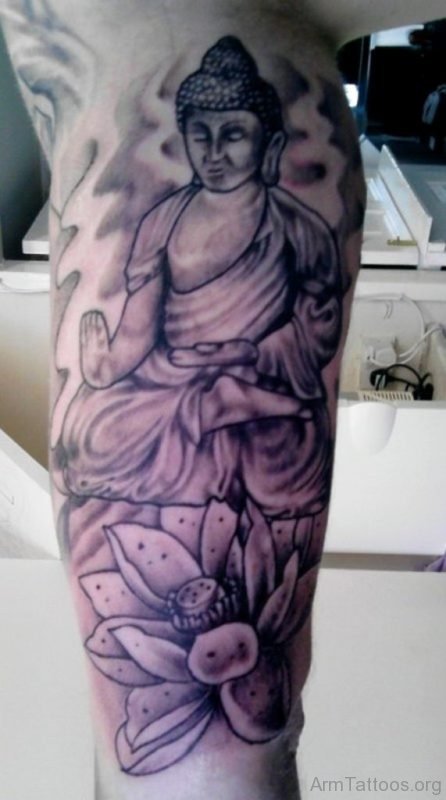 Flower And Buddha Tattoo On Sleeve 