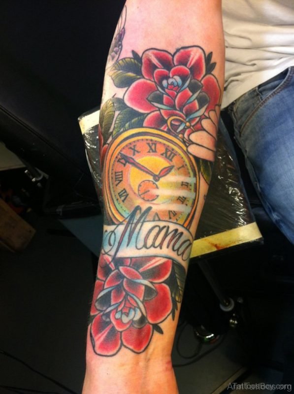 Flower And Clock Tattoo On Arm