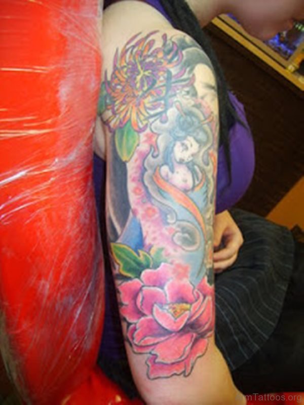 Flower And Geisha Tattoo On Shoulder