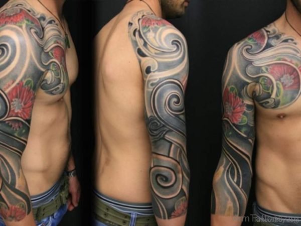 Flower And Maori Tribal Tattoo On Arm 