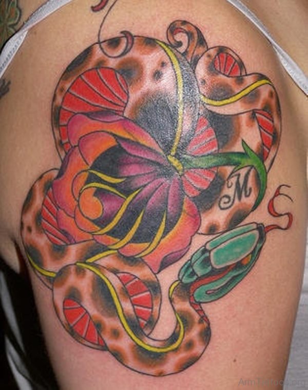 Flower And Snake Tattoo On Shoulder