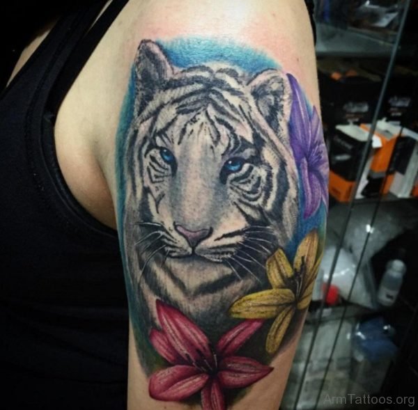 Flower And Tiger Tattoo On Shoulder