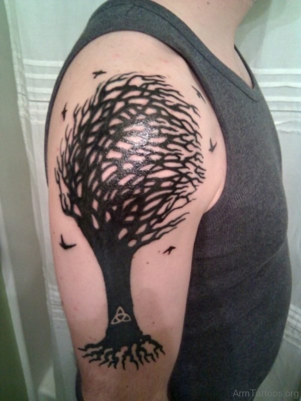 Flying Crows And Tree Tattoos On Left Back Shoulder