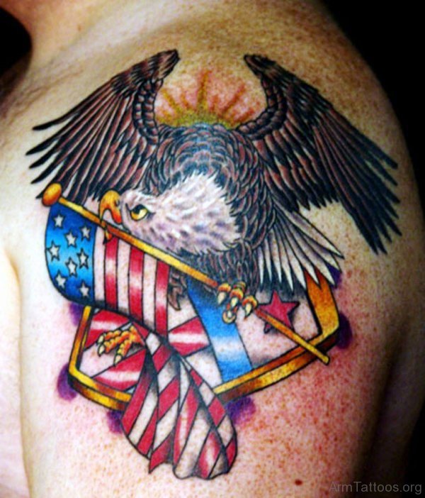 Flying Eagle With USA Flag Tattoo