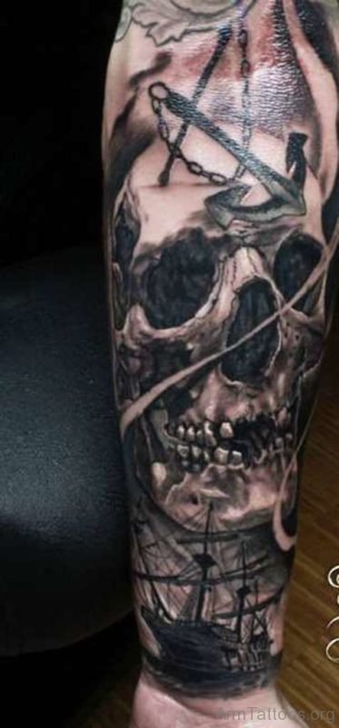 Forearm Anchor and Skull Tattoo