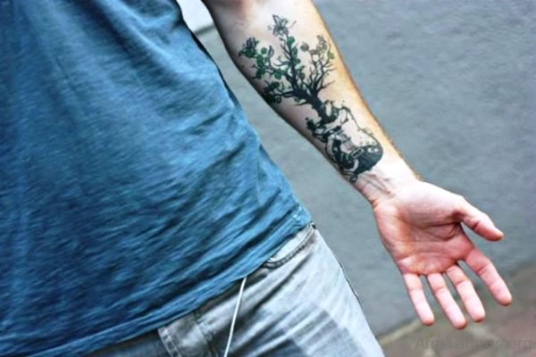 Forearm Guitar With Tree Tattoo Design 