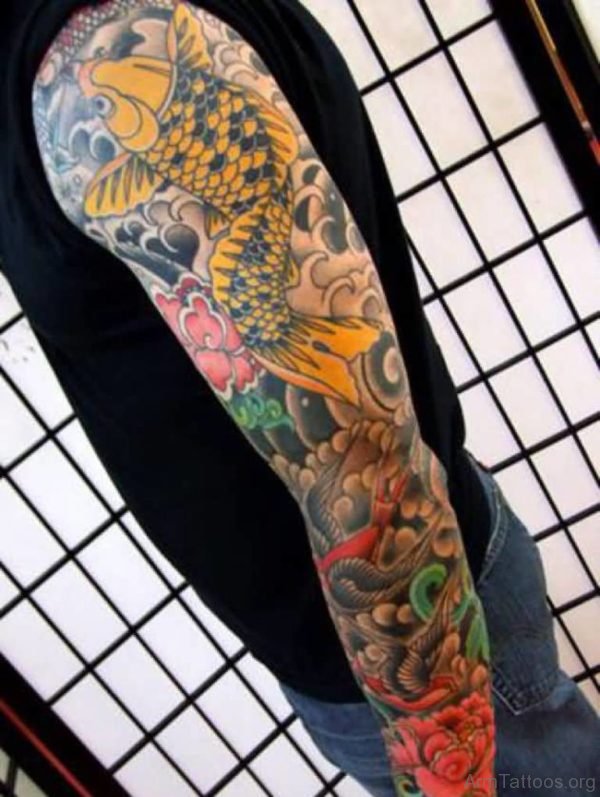 Full Sleeve Buddhist Koi Fish Tattoo Design