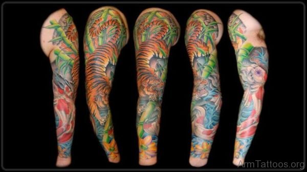 Full Sleeve Forest Tiger Animal Tattoo