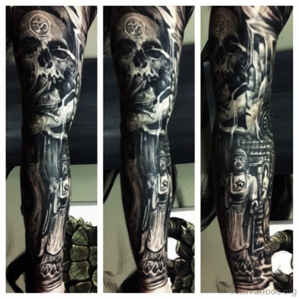 Full Sleeve Skull And Buddha Tattoo Design 