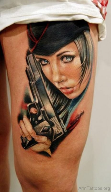 Gangster Girl Face Tattoo On Arm 