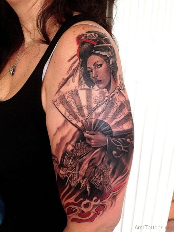 Geisha Girl And Flowers Tattoo On Arm 