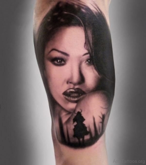 Geisha Girl Portrait Tattoo Design On Arm 