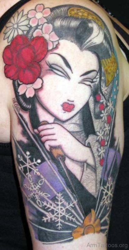 Geisha Girl n Flowers Tattoo On Arm 