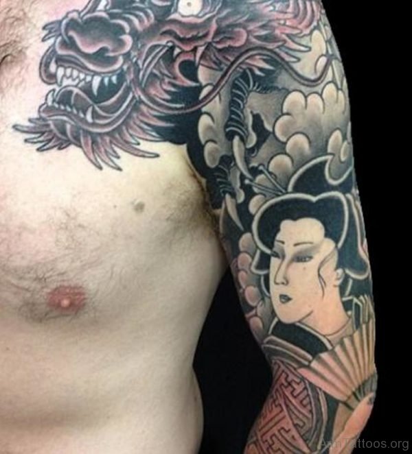 Geisha Tattoo On Full Sleeve