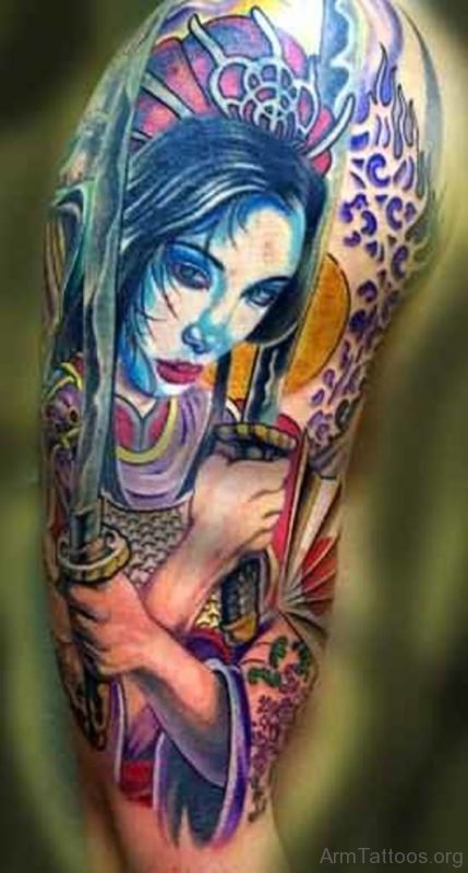 Geisha Warrior Tattoo Design On Arm 