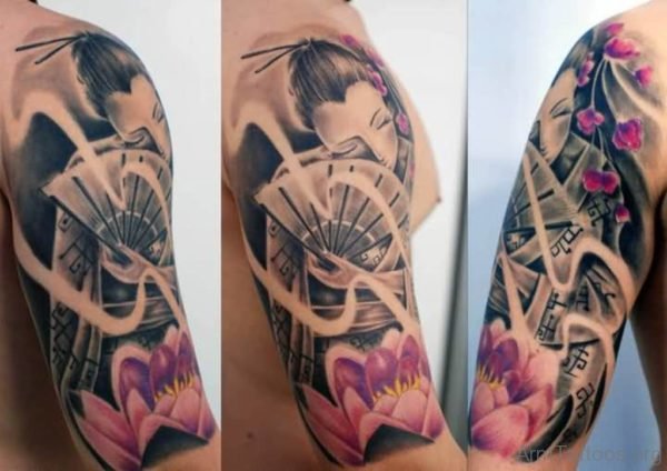 Geisha With Fan Tattoo Design On Arm 