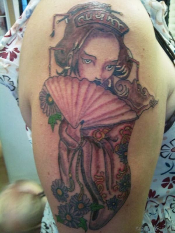 Geisha With Fan Tattoo On Right Arm 