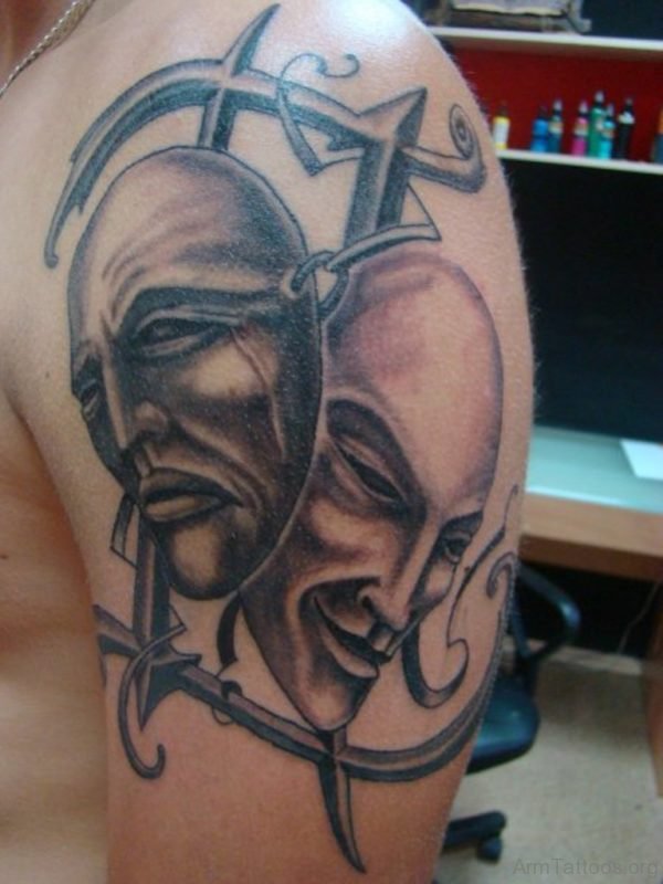 Gemini Symbol And Drama Masks Tattoos On Arm 