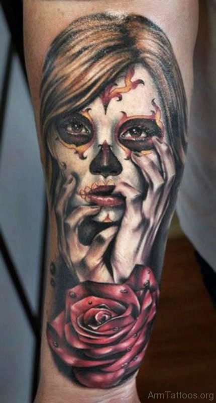 Girl Face And Rose Tattoo