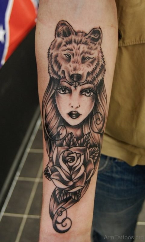 Girl Face And Wolf Tattoo